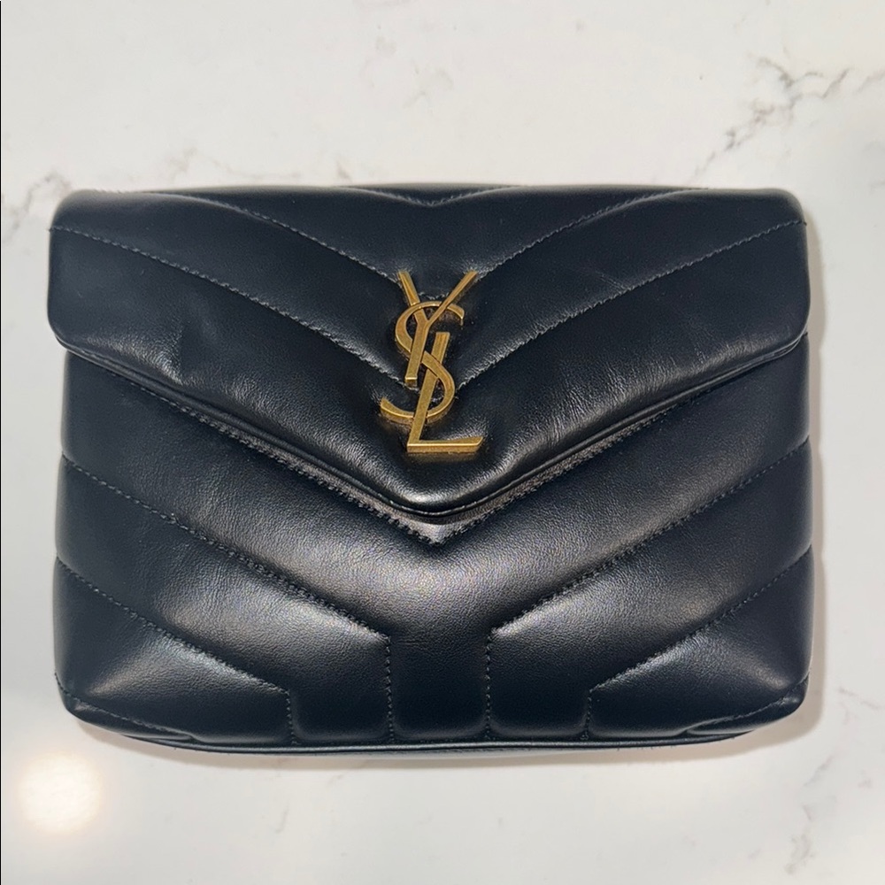 Yves Saint Laurent Black Quilted Leather Wristlet with Gold YSL Logo